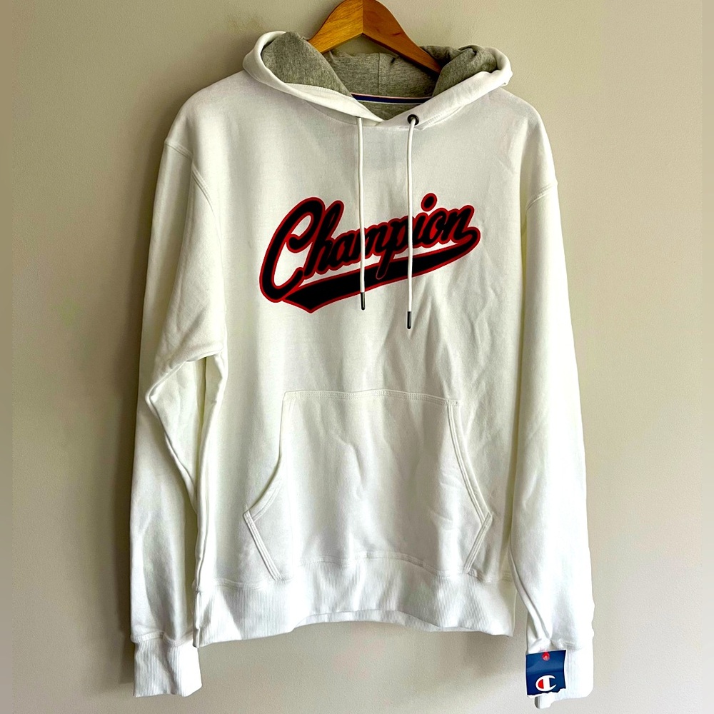 Champion White Hoodie with Red and Blue Logo size Medium